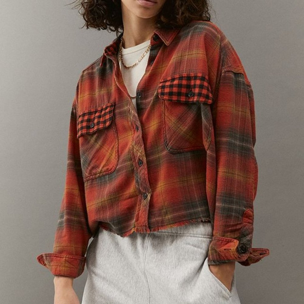 100% Cotton Super soft Rayne Flannel Boxy Cropped Button-Down Shirt XS